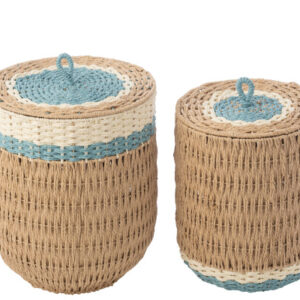 Korb Mit Deckel Gestreift Papier Naturell/Hellblau, 2 pcs. 35x35x42 / 30x30x40 by J-Line