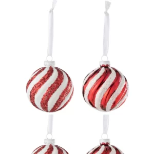 Weihnachtskugeln Linien Glas Weiß/Rot 4pcs by J-Line