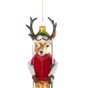 Aufhänger Rentier Mit Ski Glas Braun/Weihnachtsrot 19x6 by J-Line